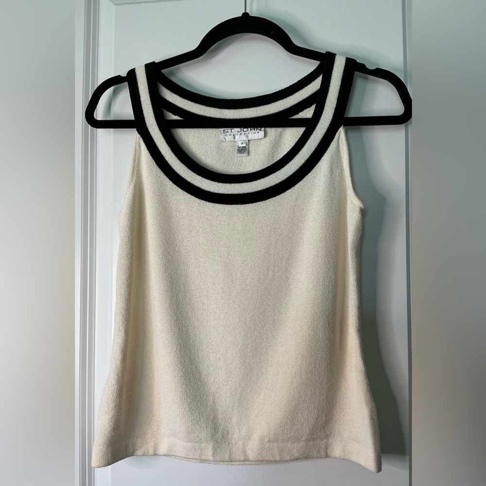 St. John Women’s Ivory and Black Wool Blend Sleeveless Top Size P=XS